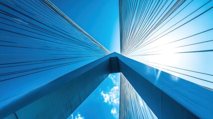 A low angle view of a suspension bridge with cables against a blue sky