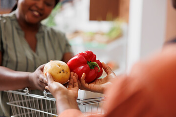 Closeup of merchant at checkout counter in zero waste shop selling fresh vegetables to environmentally conscious customer. Client buys healthy food with no preservatives in local grocery store