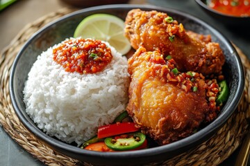 food photography,Ayam Geprek Indonesian Food crispy fried chicken with hot and spicy sambal Chili Sauce Served