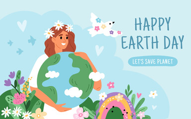 World Earth Day poster. Beautiful woman holds globe. Cute girl hugs planet. Blooming nature. Ecology protection. Environment conservation. Eco friendly. Garish vector banner template