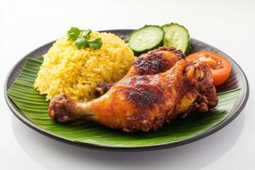indonesian fried chicken and rice with traditional setting, shutterstock style, Isolated on White Background