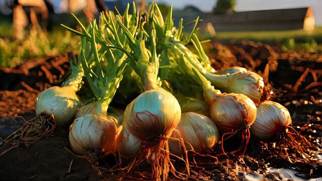 Fresh natural eco onions, shallots on a bed in a field. Concept of natural vegetables, healthy, eco products and farming
