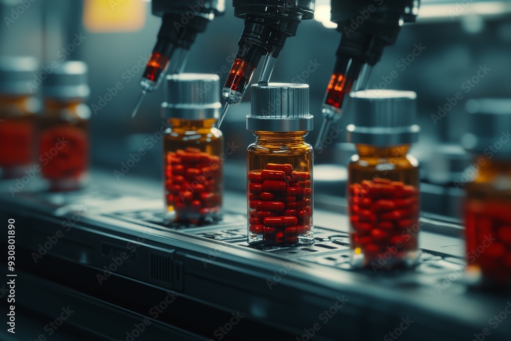 Poster industrial robots precisely filling bottles in a production line showcasing the efficiency of automa