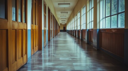 A long hallway connects classrooms, featuring wooden doors and ample natural light from large windows.