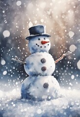 Obraz premium A snowman with a hat and carrot nose stands in the snow. The snow is falling around him, creating a peaceful and serene atmosphere