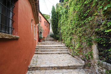 View through an alley in the old town of Begur with tendrils on the houses, Catalonia, Spain