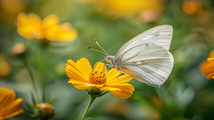 Naklejka premium Stunning white butterfly perched atop an unusual yellow blossom