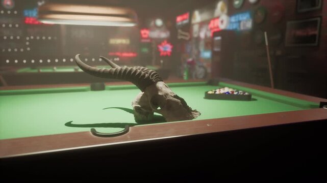 A plush toy resting on a pool table, surrounded by billiard balls and cue sticks.