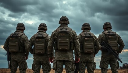 A group of soldiers stand in a line, all wearing green uniforms and carrying weapons. Scene is serious and focused, as the soldiers appear to be preparing for a mission or training exercise