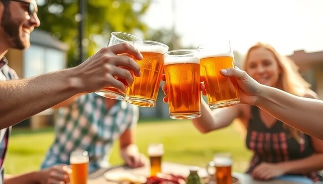 A group of people are celebrating with beer glasses. Scene is happy and festive