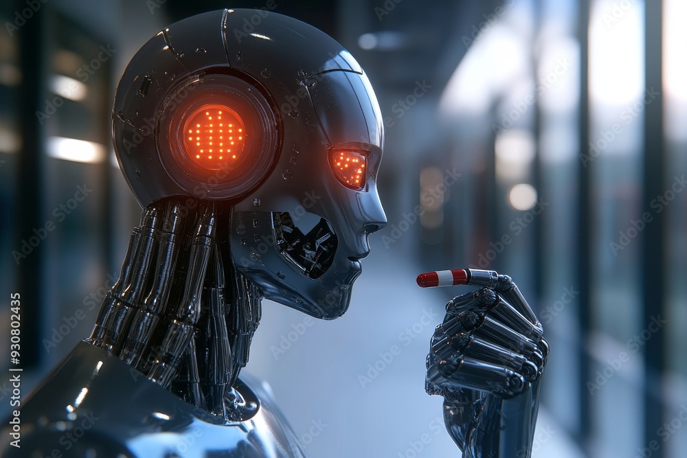 Poster humanoid robot with illuminated red eye symbolizing surveillance and futuristic security technologie
