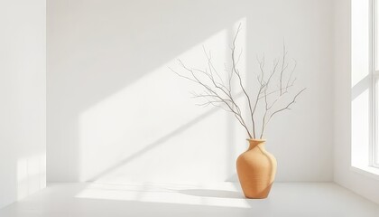 A vase with a branch in it sits in a white room with a window