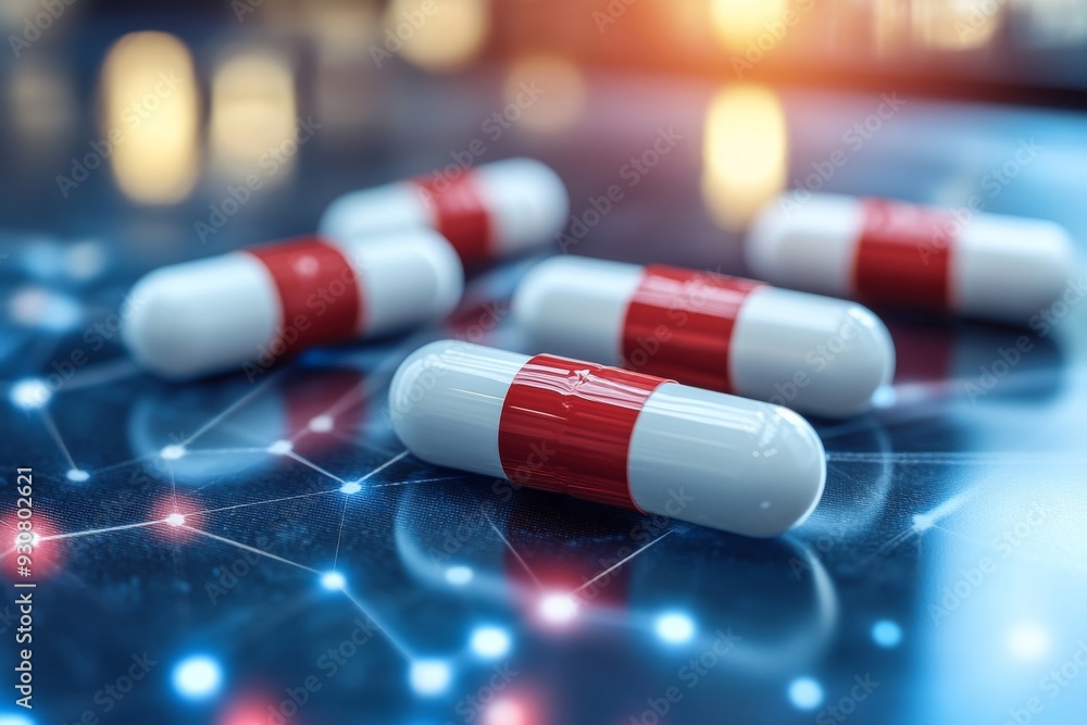 Aufkleber red and white capsules scattering from a robotic hand emphasizing the speed and accuracy of modern p