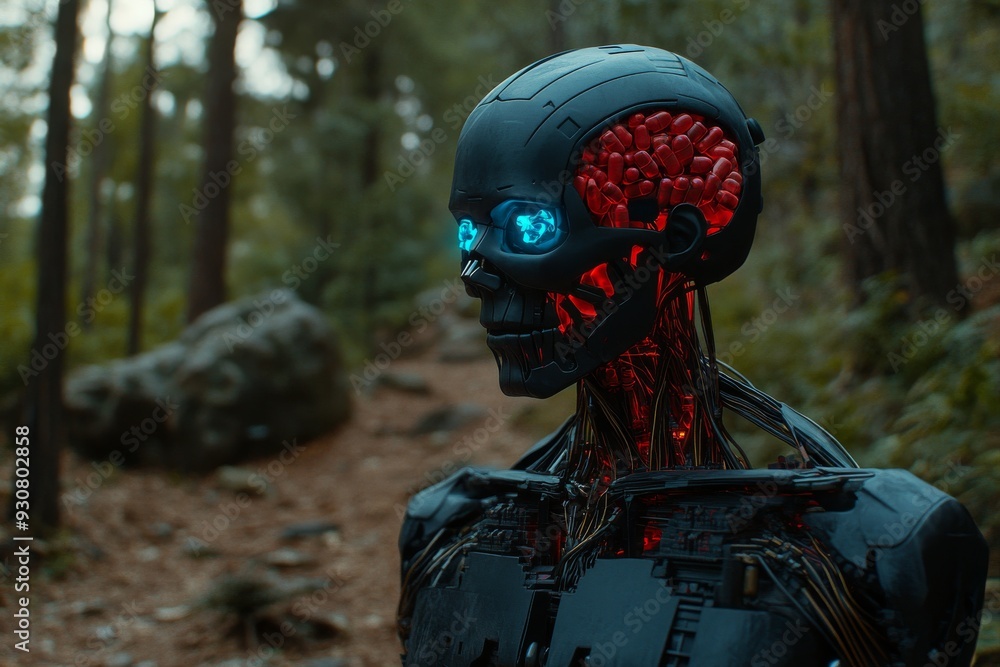 Aufkleber futuristic robot with a detailed cybernetic head in a forest exploring the contrast between technolo