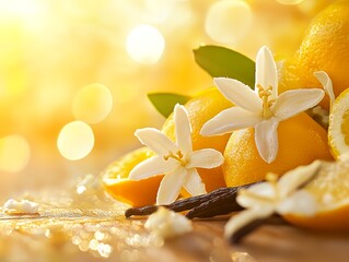 A vibrant arrangement of lemons and vanilla flowers, showcasing freshness and natural beauty.