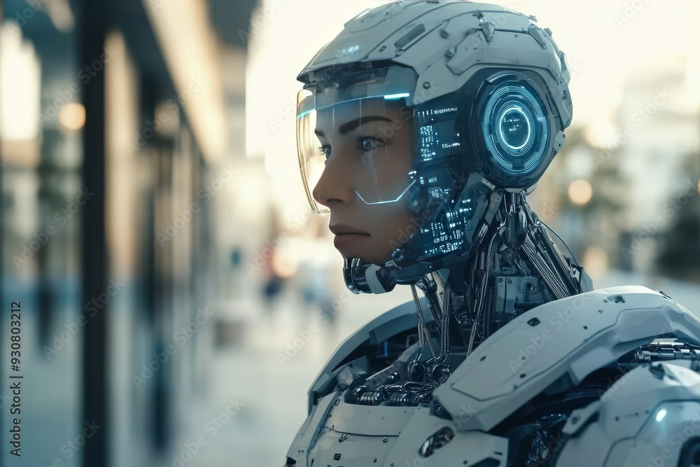 Poster white robotic head contemplating in a snowy landscape symbolizing isolation and the introspective na