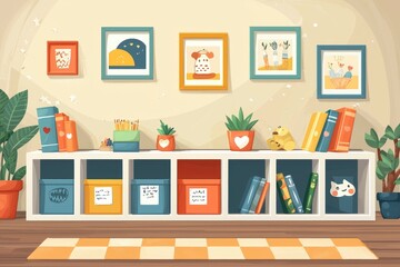 Fototapeta premium Cartoon Illustration of a Playroom with Bookshelves and Toys