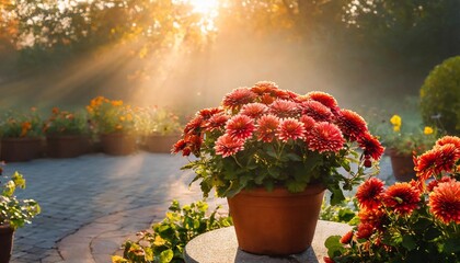 A potted plant of bright red mums in a colorful clay pot sits on a sunlit garden table, with evening sun shining through light fog, evoking a peaceful fall day.
