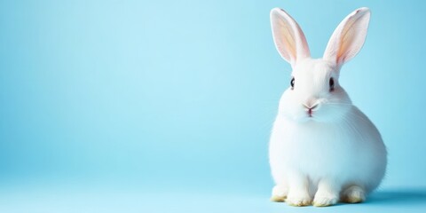 Obraz premium White bunny sitting on a soft blue background. Minimalistic and serene springtime scene.