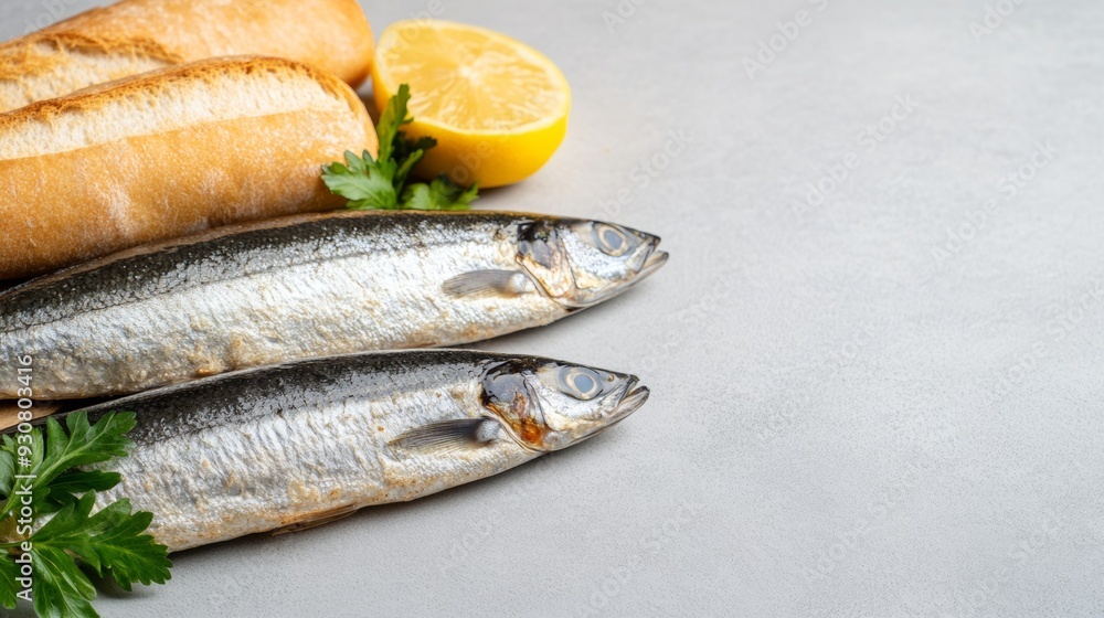 Poster two fish are on a table with bread and a lemon