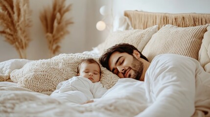 Fototapeta premium Father and baby peacefully napping together in bed, surrounded by soft, neutral-toned blankets, emphasizing a serene and tender moment.