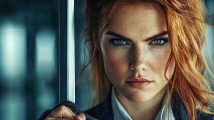 Close-up of a determined redhead woman with freckles, holding a sword upright, exuding strength and intensity in a modern setting.