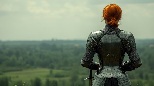 Back view of a red-haired female knight in armor standing in a lush green landscape, symbolizing resilience and readiness.