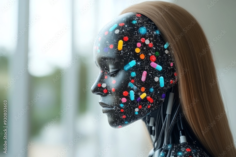 Poster technological humanoid robot with colorful circuit face futuristic ai concept