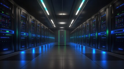 Fototapeta premium Server room corridor with rows of illuminated racks in a cool blue tone, emphasizing data processing and storage technology.