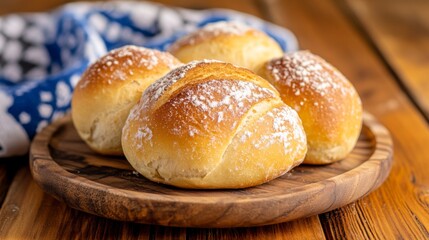 A plate of four small, round, powdered doughnuts sits on a wooden table
