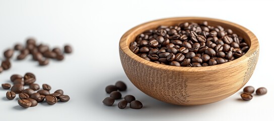 Fototapeta premium A wooden bowl overflows with dark, ultra realistic coffee beans, surrounded by scattered beans on a bright surface.