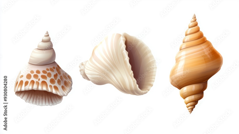 Poster three shells of different sizes and shapes are shown in a row