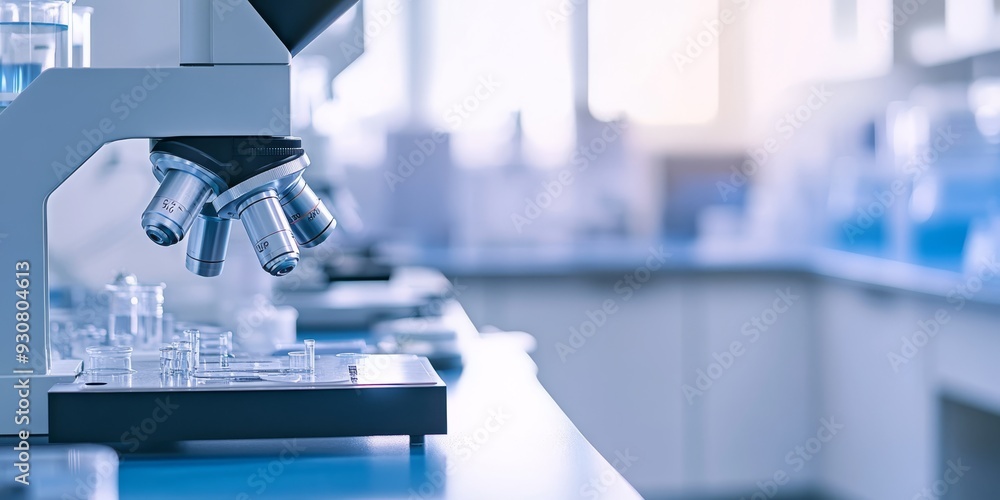 Poster a bustling lab features an advanced microscope and quality glassware, creating a hightech atmosphere