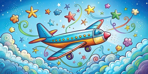 Whimsical illustration of a colorful airplane soaring through a bright blue sky, surrounded by playful doodles, stars, and swirling clouds.