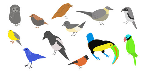 Set of  birds. Vector cartoon illustration in childish style. Different birds. Images are isolated on white. 