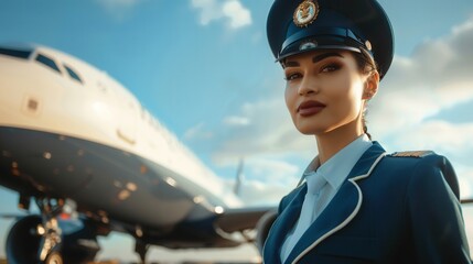 The flight attendant stands proudly in her uniform with an airplane in the background, showcasing professionalism and dedication on a clear day. Generative AI