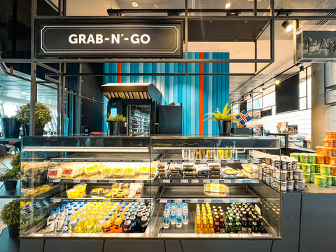Keflav&iacute;k, Iceland, July 22, 2024 Grab N' Go retail market selling ready to eat food, drinks and snacks for passengers. Modern airport aesthetic at Keflavik Airport in Iceland.
