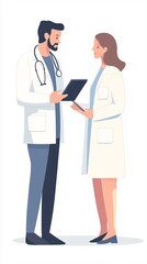 Fototapeta premium An endocrinologist using a tablet to explain a diagnosis to a patient, with a light solid color background