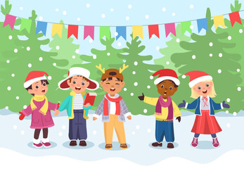 Kids Christmas choir. Boys and girls singing holiday songs. Young vocalists in New Year costumes. Musicians at stage. Celebrating melody. Music performance. Splendid vector concept