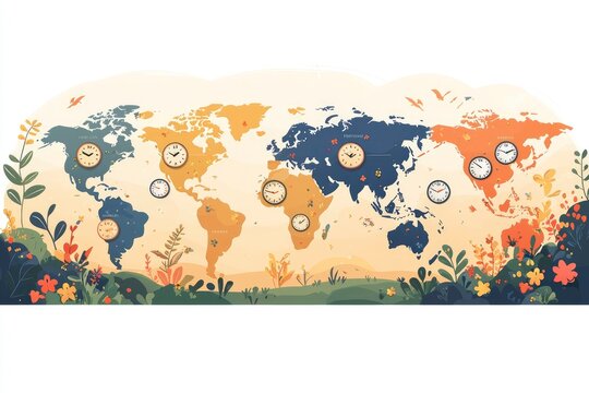 World Time Zones Illustration with Clocks on a Map