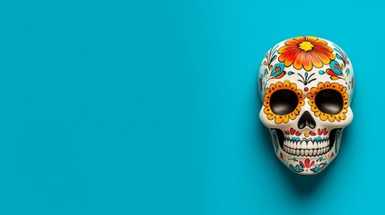 A skull with flowers painted on it is on a blue background