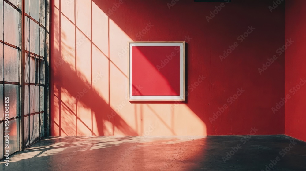 Aufkleber red wall with window light and empty picture frame
