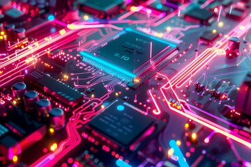 Obraz premium A vibrant close-up of a circuit board with glowing connections and components.