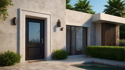 A modern creative door design of a small house exterior design with elegant front elevation door 