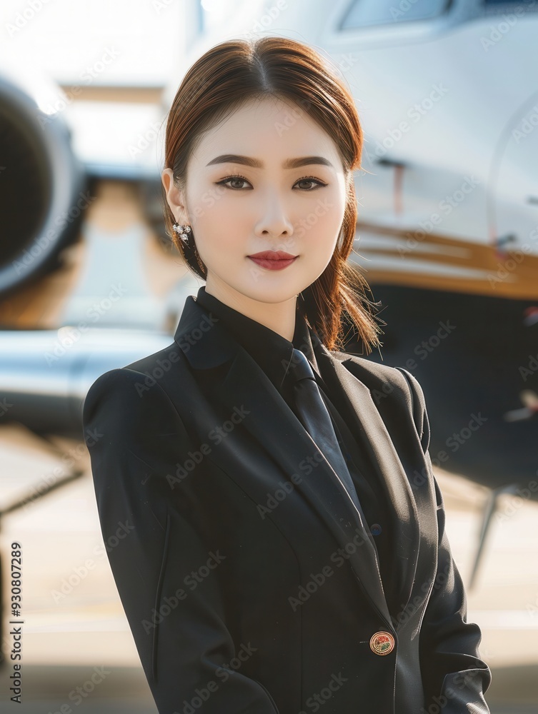 Poster the flight attendant stands elegantly in a tailored suit, showcasing professionalism outside a priva