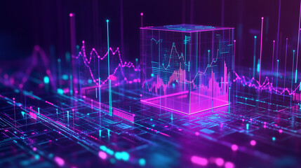 Digital 3D cube with futuristic data graphs and neon lights. Design for financial technology, analytics, and business presentations.