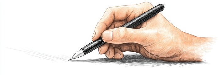 This detailed line art illustration depicts a human hand firmly gripping a ballpoint pen, making it particularly suitable for both artistic reference and various educational purposes