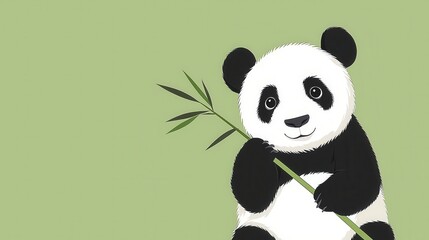 Cute Panda Bear Holding Bamboo Shoot on Green Background