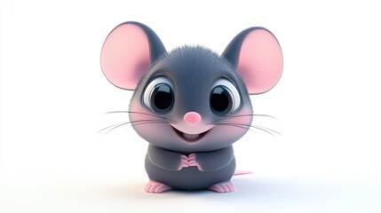 A cute cartoon computer mouse with big eyes and a playful smile on a white background, 3D AI style