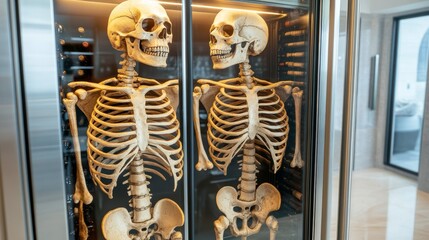 Two skeletons are displayed in a glass case, one of which is missing its head